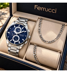 Ferrucci Çelik Kordon&Kasa Fonksiyonları Aktif Erkek Kol Saati+%100 Çelik Takı Set Hediyeli