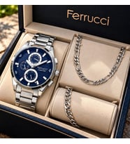 Ferrucci Çelik Kordon&Kasa Fonksiyonları Aktif Erkek Kol Saati+%100 Çelik Takı Set Hediyeli