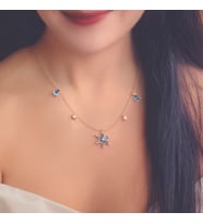 Beşli Aqua Taşlı Lotus Çiçeği Rose Gümüş Kolye