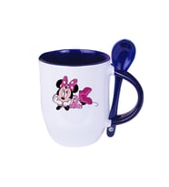 Mickey Mouse Baskılı Mavi Kaşıklı Seramik Kupa (Beyaz-Mavi)