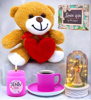 Premium Hediye Seti Pembe Kahve Fincanı, Mum, Ayıcık, Işıklı Fanus (Model 7)