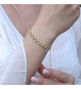Çift Halkalı Nazar Boncuklu Gold Kaplama Gümüş Hallow Bileklik