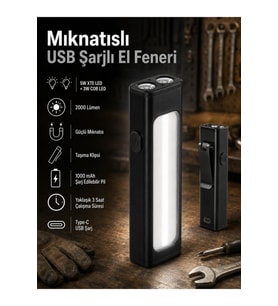 Mini Mıknatıslı USB Şarjlı Çok Fonksiyonlu El Feneri 2000 Lümen 5W XTE LED 3W COB LED Klipsli Tamir Kamp Lambası
