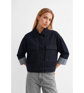 Kadın Cepli Oversize Lacivert Denim Ceket Gömlek