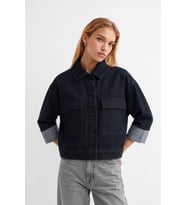 Kadın Cepli Oversize Lacivert Denim Ceket Gömlek