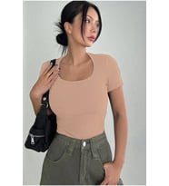 Rooted-Kadın Kare Yaka T-shirt & Bluz , Likralı Fitilli Kaşkorse Kumaş