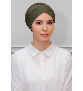 Haki Pratik Hazır Geçmeli Tesettür Bone Petekli Fiyonklu Çift Taraflı Tek Çapraz 1865_09