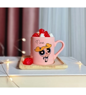 Power Puff Girls ( Bubbles ) Tasarımlı Kişiye Özel Pembe Türk Kahvesi Fincanı