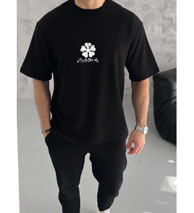 Erkek Kısa Kol Tişört Bisiklet Yaka YONCA Baskılı Oversize T-Shirt - Siyah