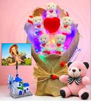 Değirmen Fotoğraflı Renkli Led Işıklı Ayıcık Buketi ve Peluş Anahtarlık