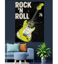 Neon Yeşil Elektrogitar Rock'N  Roll Afişi Dekoratif Kanvas - Mdf Ahşap Tablo
