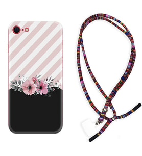 Apple iPhone 5 6 7 8 Plus Se XR Kılıf Boyun Asklı Rasta Silikon Strip Pink Flowers 1396