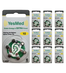 YesMed Extra Power 10 Numara İşitme Cihazı Pili, Kulaklık Pili, Duyma Pili, Kulak Pili, Kulak Cihazı Pili (10 Paket x 6 Adet = 60 Adet Pil)