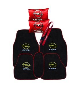 Opel İçin 5 Parça Nakışlı Oto Halı Paspas & Kırmızı 2'li Boyun Yastığı & Ayna Askısı Set