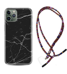 Apple iPhone 11 12 13 14 Pro Max Kılıf Boyun Asklı Rasta Silikon Siyah Mermer 1299
