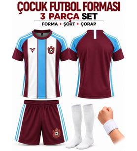 Çocuk Futbol Forması Bordo Mavi Özel Tasarım 4 parça Forma+Şort+Çorap+Bileklik