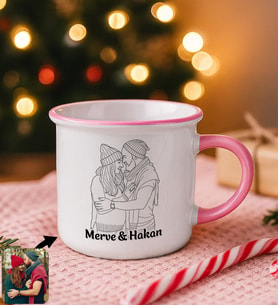 BK Gift Kişiye Özel İsimli Line Art Çizimli Pembe Emaye Kupa Bardak -1, Arkadaşa Hediye, Sevgiliye Hediye