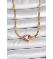 316L Çelik Gold Renk İtalyan Zincir Pembe Zirkon Taşlı Kalp Model Kadın Kolye