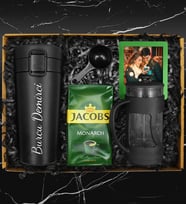 Kişiye Özel Çelik Termos & French Press & 250 Gram Jacobs Filtre Kahve & Kişiye Özel Çerçeve Hediye Seti