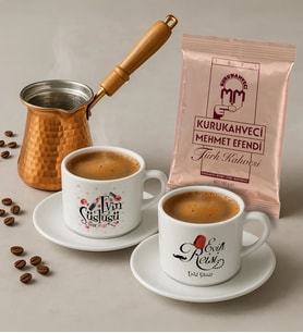 BK Gift Kişiye Özel İsimli Evin Reisi & Süslüsü Tasarımlı 2'li Türk Kahvesi Fincanı & Bakır Cezve & Türk Kahvesi Seti-2, Arkadaş Hediye, Sevgiliye Hediye