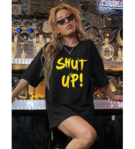 Baskılı Oversize Bisiklet Yaka T-shirt - Siyah