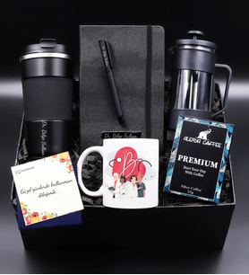 Doktorlara Özel 500 Ml Siyah Çelik Termos & Siyah Defter & Mat Roller Kalem & Doktor Temalı Kupa &  Siyah French Press & Alerya Premium Filtre Kahve Hediye Seti