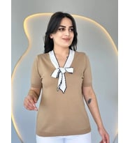 pilelistore- Kadın Kısa Kollu V Yaka Fular Detay Merserize Triko Bbluz (Sütlü Kahve)