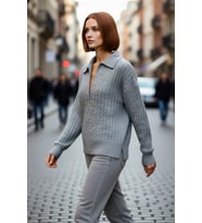Kadın Oversize Polo Yaka Düşük Kol Fitilli Triko Kazak Kışlık Günlük Şıklığı Tamamlayan Konforlu