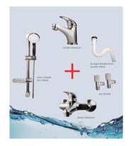 ARÇE Banyo Lavabo Bataryası Sürgülü Duş Takımı 2 Ara Musluk  Körüklü Sifon