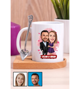 Sevgiliye Romantik Yıldönümü Hediyesi Karikatürlü Ahşap Altlıklı Beyaz Kupa Bardak