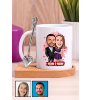 Sevgiliye Romantik Yıldönümü Hediyesi Karikatürlü Ahşap Altlıklı Beyaz Kupa Bardak