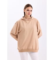 Pastelastore Pamuklu Kapüşonlu 2 İplik Baharlık Oversize Sweatshirt (Bej)