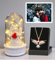Kişiye Özel Fotoğraflı Premium Set - Led Işıklı Biblolu Fanus ve Renkli Zümrüdü Anka Kuşu Kolyesi (Model 1)