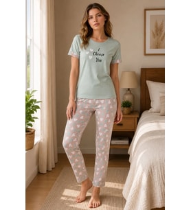 Kadın Pamuklu Penye Baskılı Kısa Kollu Bisiklet Yaka Pijama Takımı - Mint