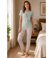 Kadın Pamuklu Penye Baskılı Kısa Kollu Bisiklet Yaka Pijama Takımı - Mint