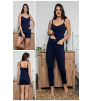 Kadın Lacivert Renkli Dantel Detaylı Şortlu Ve Taytlı Pijama Takımı 3'lü Set 75019