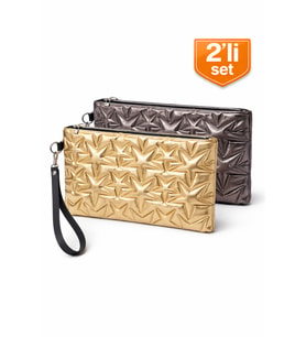 2'li Çanta Paketi Yıldız Desenli Portföy El Çantası Bilek Askılı Clutch Çanta