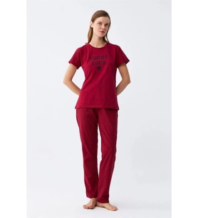 Giyim Kadın Bordo Kalp Desenli Kısa Kollu Penye Pijama Takımı