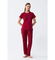 Giyim Kadın Bordo Kalp Desenli Kısa Kollu Penye Pijama Takımı