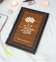 Uçan Ev Desenli Termo Deri + Ahşap Anı Defteri - Çizgili Defter - Hediyelik (17x24 cm- 320 Sayfa)