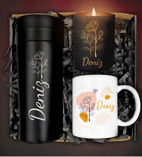 Kişiye Özel Termos&Kişiye Özel Mum&Kişiye Özel Pastel Tasarım Kupa Hediye Seti