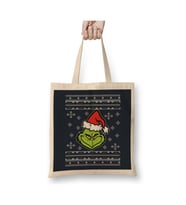 Dr Seuss The Grinch Christmas Knit Pattern Beyaz Bez Çanta Uzun Saplı Alışveriş Çantası
