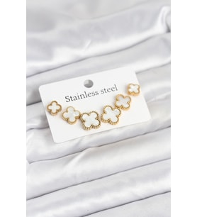 316L Çelik Gold Beyaz Renk 3 Boy Yonca Küpe Seti - TJ-BKP11237