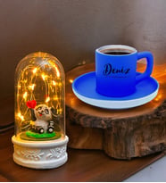Kişiye Özel İsimli Kahve Fincanı ve Işıklı Panda Temalı Fanus (Farklı Renk Seçenekleri) (Mavi)