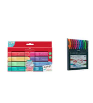 Faber Castell 46 Pastel Fosforlu Kalem Seti (8 Renk) ve 1425 Renkli Tükenmez Kalem 10'lu İkisi Birarada Set