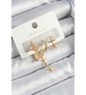 Pirinç Zirkon Taşlı Yıldız Model Gold Renk 3'lü Çift Kadın Küpe Set