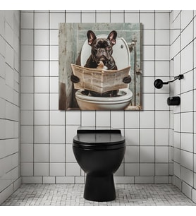 Tekli Kare Kanvas Banyo Tablosu Gazete Okuyan Fransız Bulldog