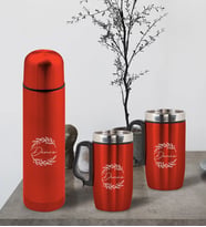 BK Gift Kişiye Özel Deri Çantalı Kırmızı Seyahat Termosu ve İkili Termos Mug Hediye Seti - 5