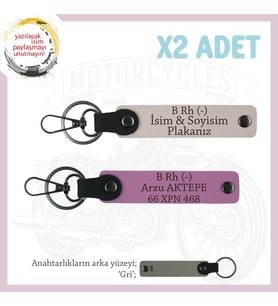 Motor Severlere Özel, İsim Plaka ve B Rh (-) Kan Grubu, Tasarım Deri 2'li Anahtarlık, Pudra-Pembe-Gr (Çok Renkli)