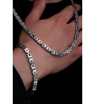 Erkek Gümüş Kolye Bileklik Set - 6.5mm Dikdörtgen Kesim Yassı Kral Gümüş Kolye Bileklik Set